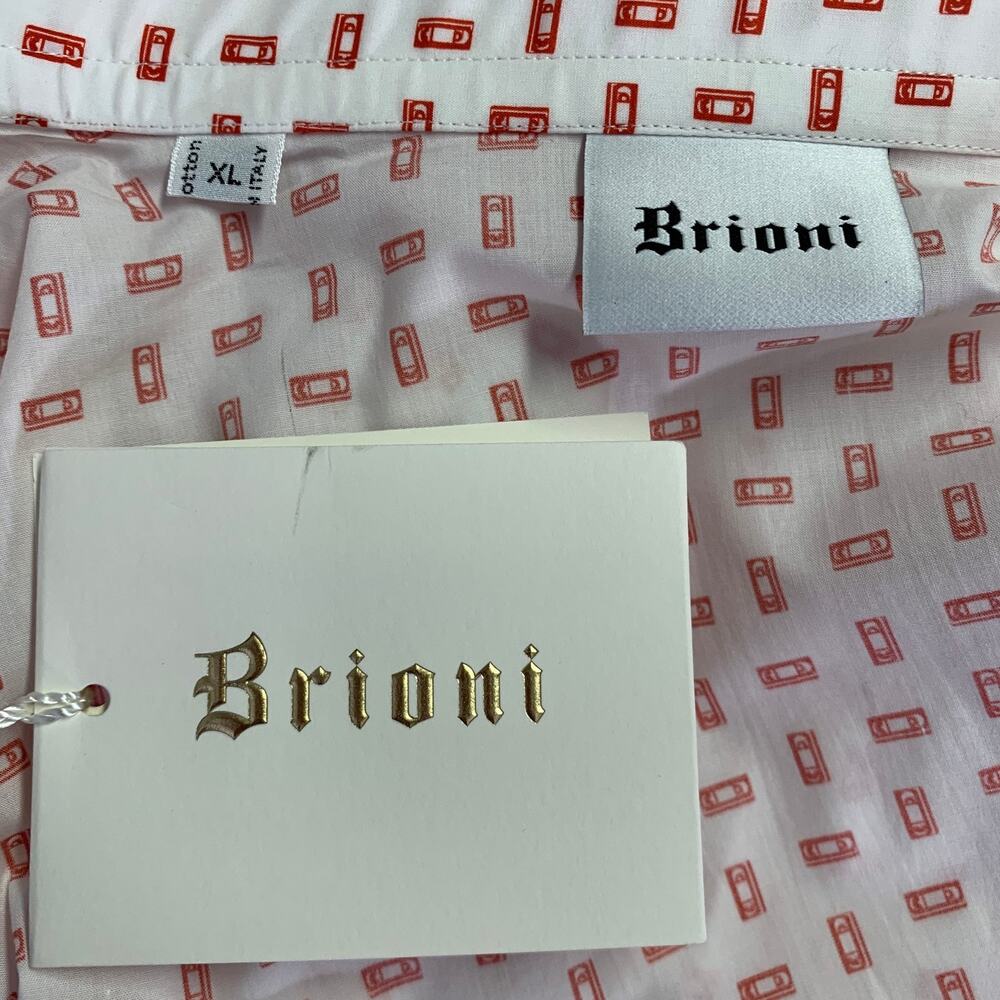 BRIONI Size XL White Red VHS Tape Cotton Long Sleeve Shirt - Picture 5 of 6